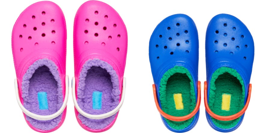 pink and blue pairs of fleece lined crocs