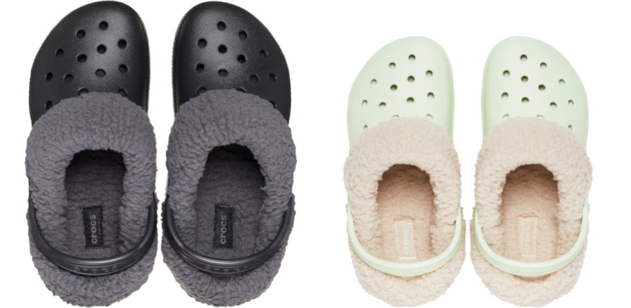 black and light green pairs of fleece lined crocs