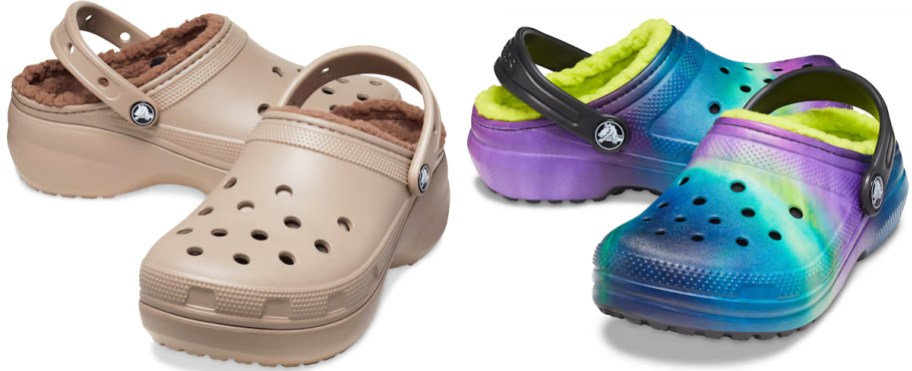 pairs of brown and multi-color fleece lined crocs