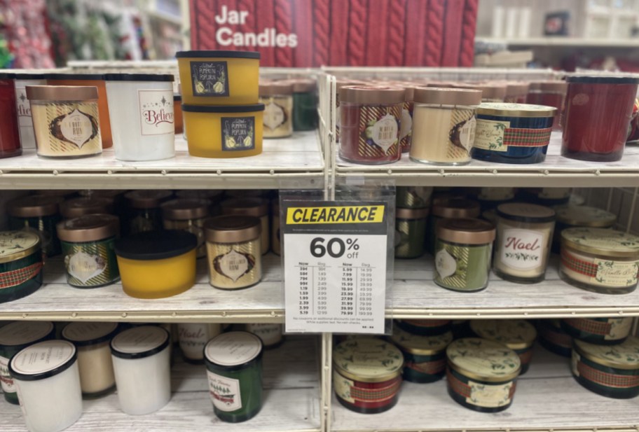 Christmas clearance candles on a store shelf