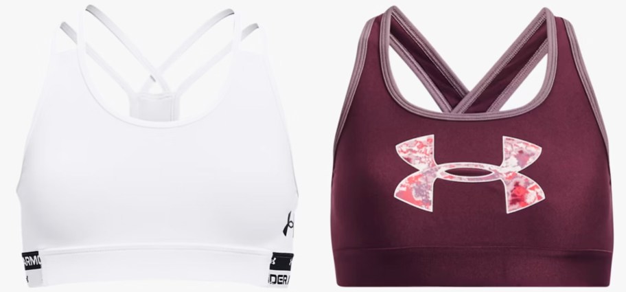 white and maroon under armour sports bras