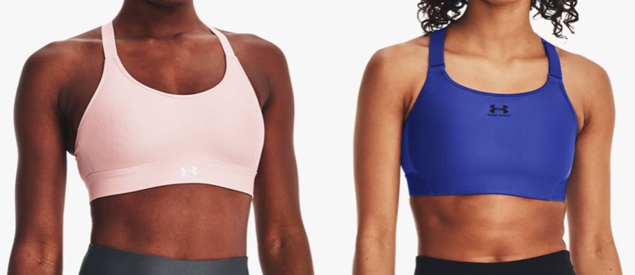 two women in light pink and blue sports bras