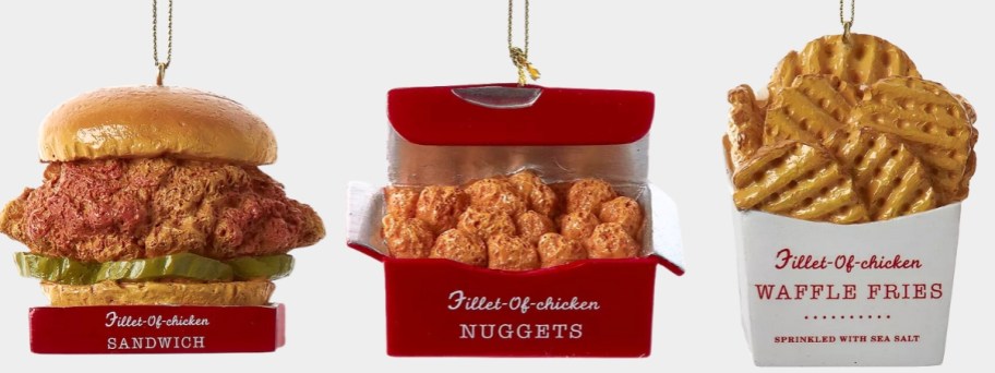 Chick Fila Inspired Christmas ornaments - Chicken Sandwich, box of nuggets, and a box of Waffle Fries