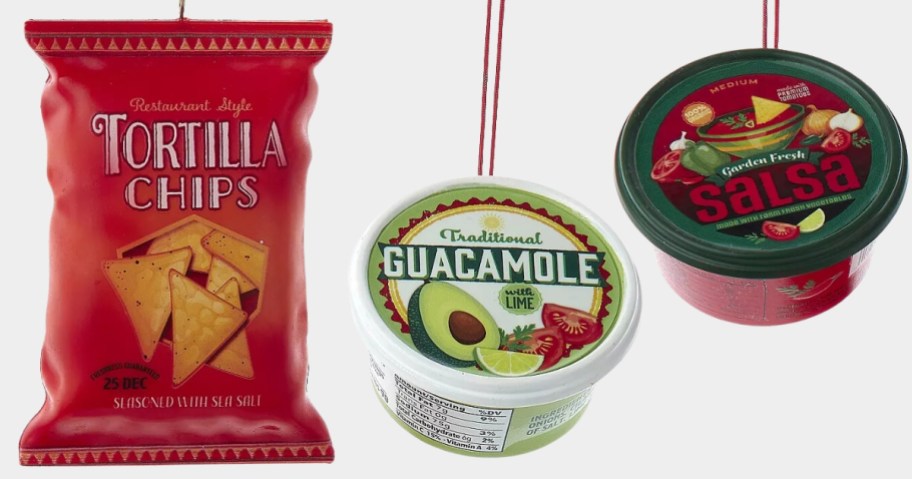 Christmas ornaments that look like a red bag of Tortilla Chips and a container of Guacamole and Salsa