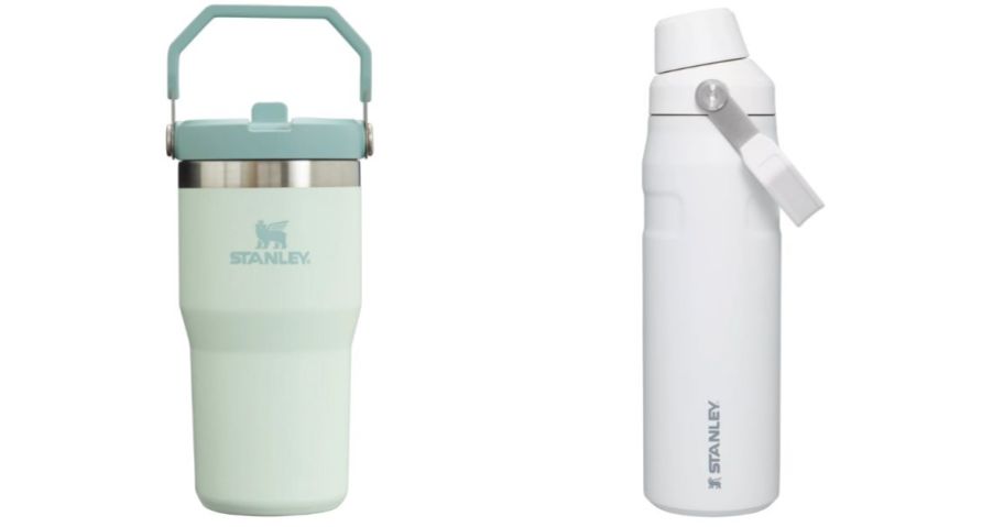 mint green stanley tumbler and white stanley tumbler