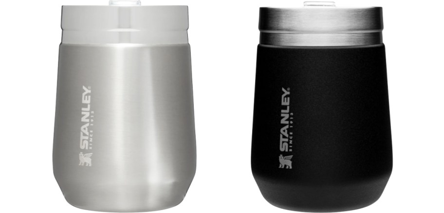 silver and black stanley wine tumblers