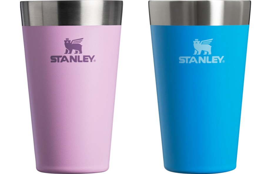 purple and blue stanley beer pints