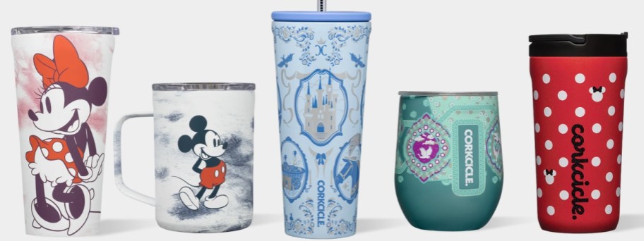 Corkcicle Disney tumblers, Minnie Mouse Travel Tumblers, Mickey Mouse coffee mug, Disney Princess Cold Cup with straw, Disney Princess stemless tumbler, and a red polka dot Disney Kids Tumbler