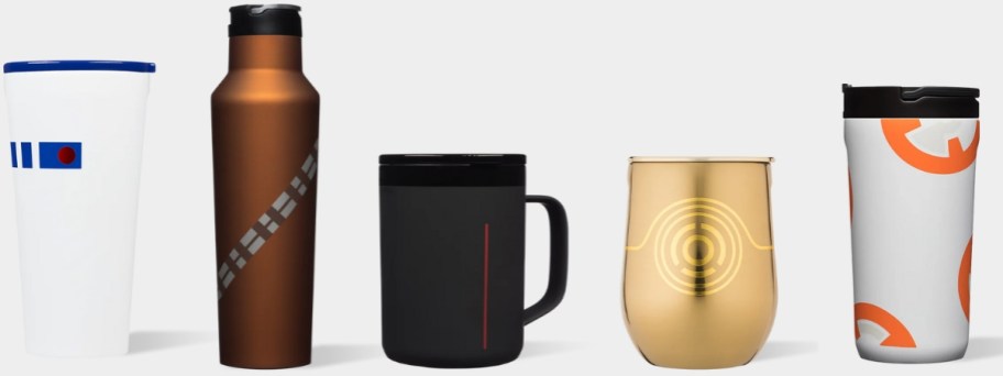 Corkcicle Star Wars drinkware - Hans Solo Travel Cup, Chewbacca Canteen, Darth Vader coffee mug, C-3PO stemless cup, and BB8 kids cup