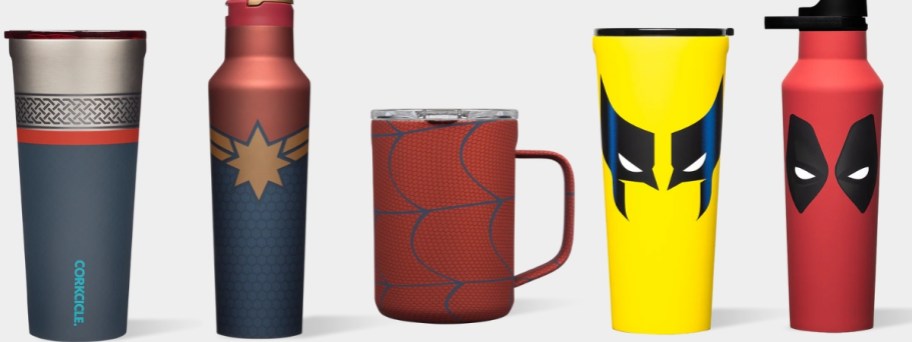 Corkcicle Marvel drinkware - a Thor Travel Cup, a Captain Marvel Canteen, a Spiderman coffee mug, a Wolverine Travel Mug, and a Deadpool Water Bottle