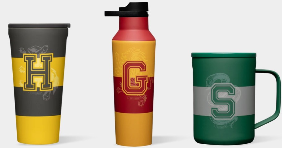 corkcicle harry potter drinkware -a Hufflepuff logo Travel tumbler, a Gryffindor logo water bottle, and a Slytherin logo coffee mug 