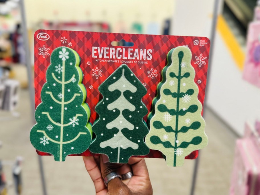 hand holding christmas tree sponges 