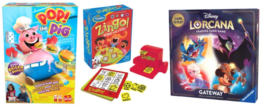 pop pig, zingo and lorcana game displayed