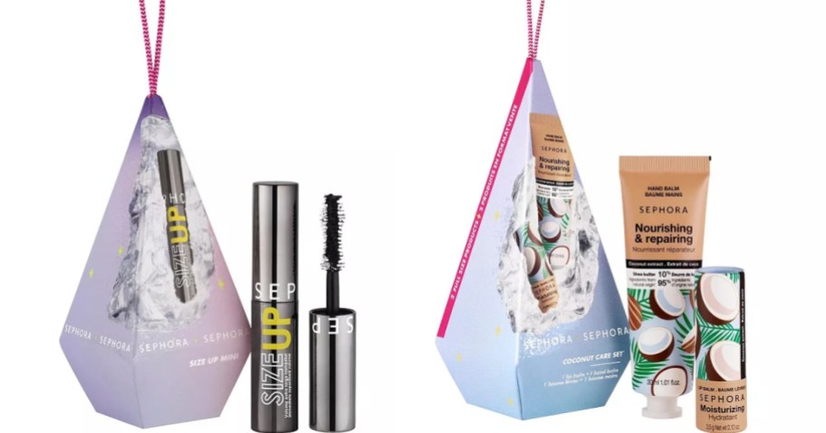 two Sephora ornament gift sets, one with a mini mascara and one with a lotion and lip balm