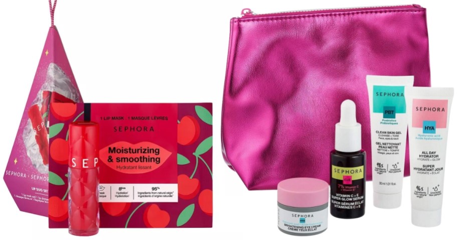 a Sephora ornament gift set with a lip mask and lip balm, and a Sephora mini skincare set with 4 small skincare products and a pink zipper cosmetic bag