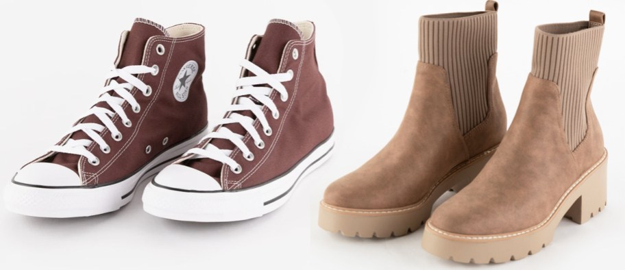 pair of brown converse high tops and brown boots