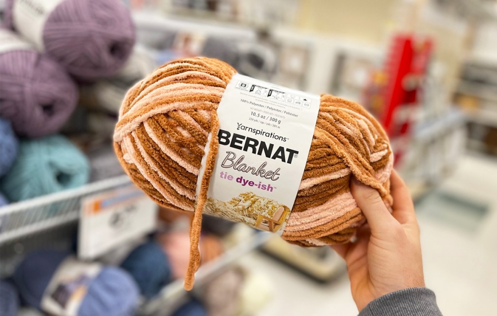 hand holding Bernat Blanket Yarn