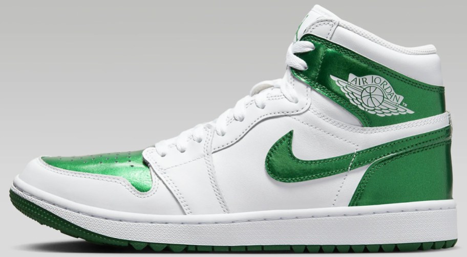 white and metallic green jordan sneaker