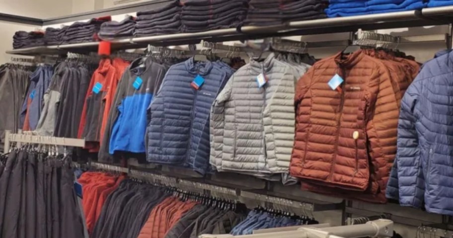 Columbia coats and jackets on a wall display in a store