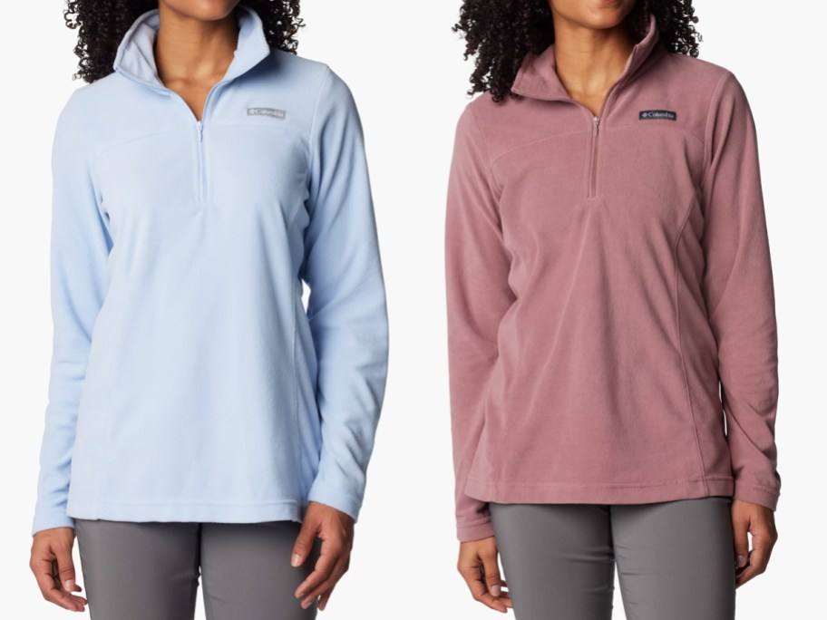 two women in light blue and dusty rose fleece jackets