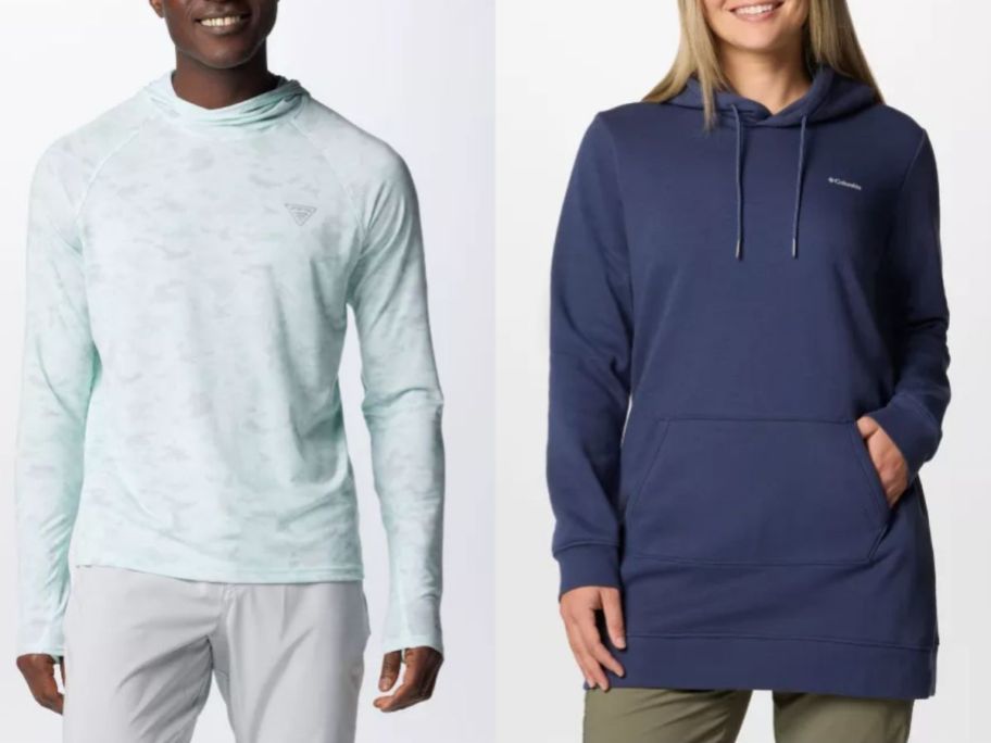 Stock images of a man and a woman wearing Columbia hooies