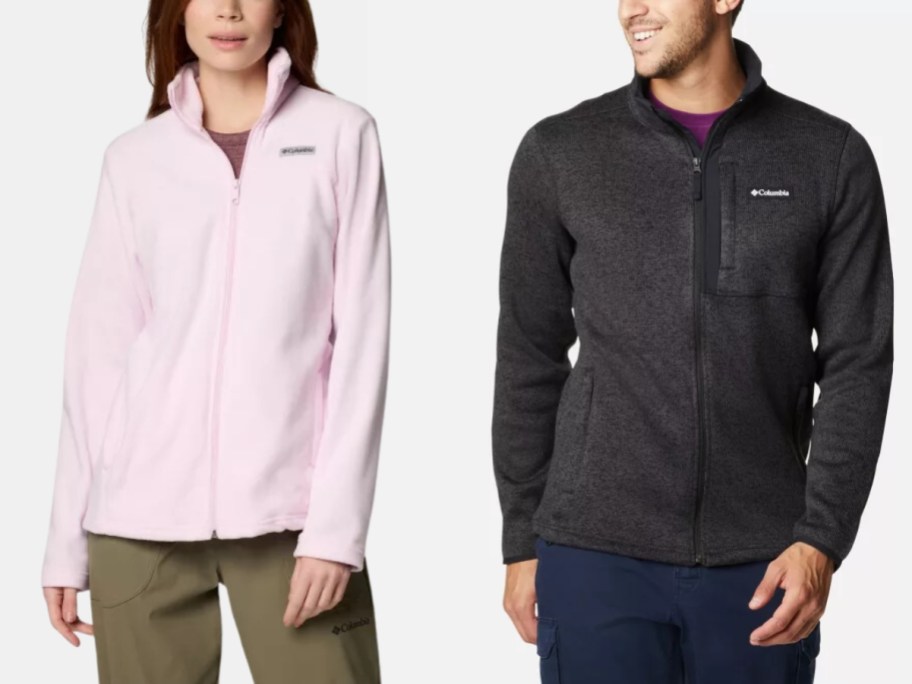 a woman wearing a pink zip up Columbia fleece jacket and a man wearing a dark grey zip up Columbia fleece jacket