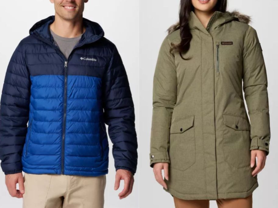 A man and a woman wearing Columbia jackets