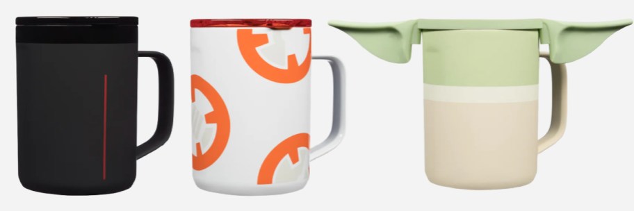 darth vader, bb8, and grogu coffee mugs