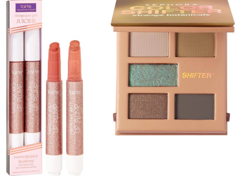 Stock images of two tarte maracuja lipsticks and a Sephora Collection Palette