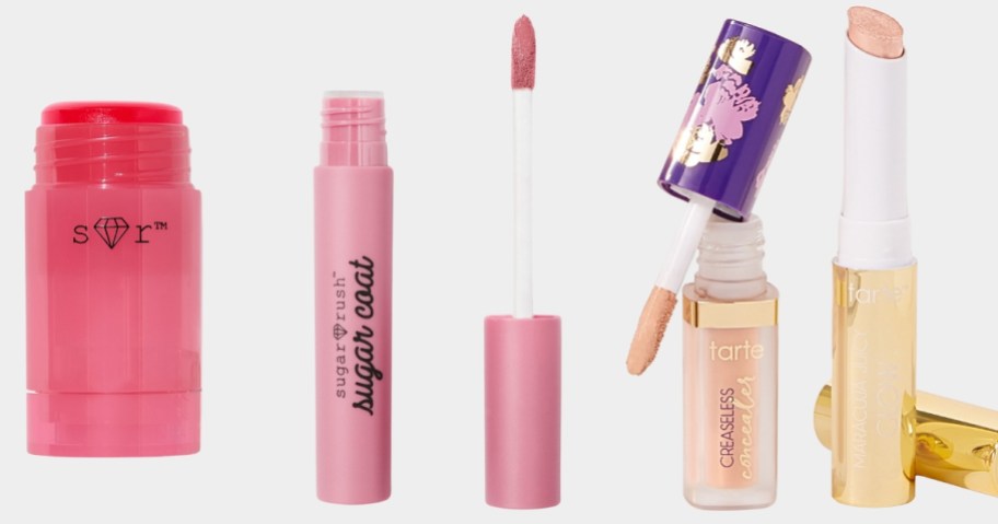 a pink Tarte lip gloss container, a light pink Tarte Lipstick, and a Tarte travel size Shape Tape Concealer and Maracuja lip gloss