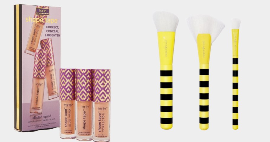 a set of 3 travel size Tarte Shape Tape Concealers with the box they come in and a set of 3 yellow and black makeup brushes