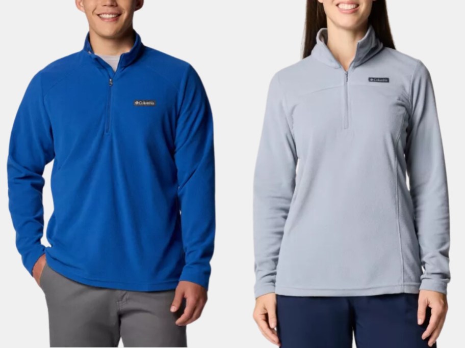 a man and woman wearing Columbia pullover quarter zip fleece shirts