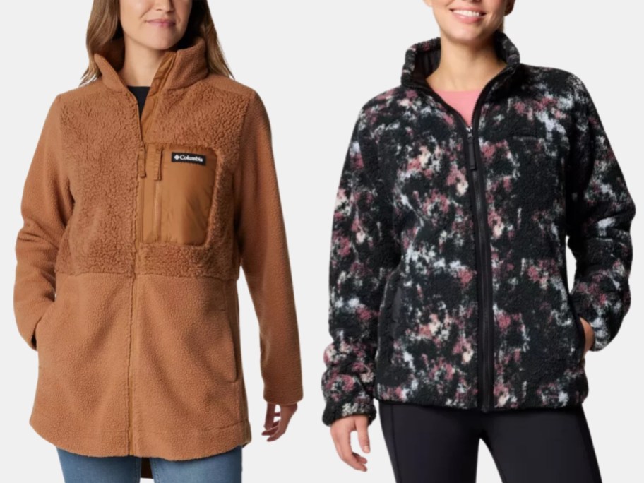 a woman wearing a long camel color Columbia zip up jacket and a woman wearing a shorter black, pink, and white print Columbia jacket