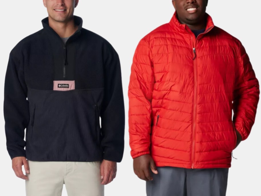 man wearing a black pullover Columbia jacket and man wearing a ref puffer Columbia jacket