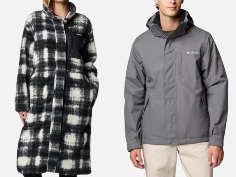 a woman wearing a long black and white plaid Columbia coat and a man wearing a grey Columbia coat