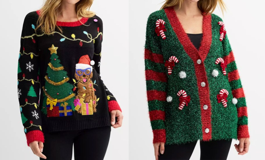 two women in christmas sweaters