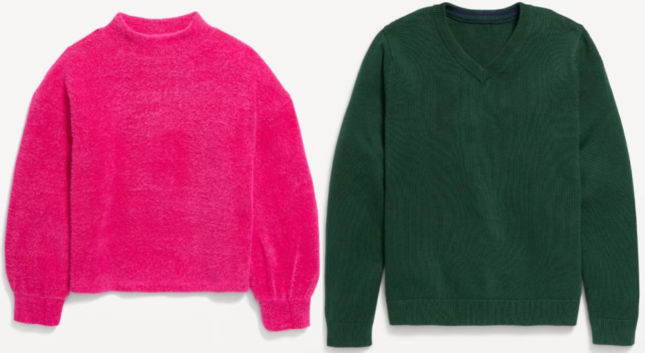 hot pink and dark green sweaters 