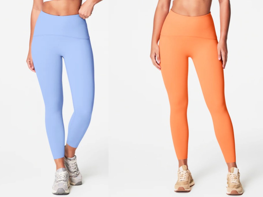 two women in blue and orange leggings