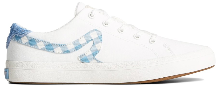 white sneaker with blue gingham designs