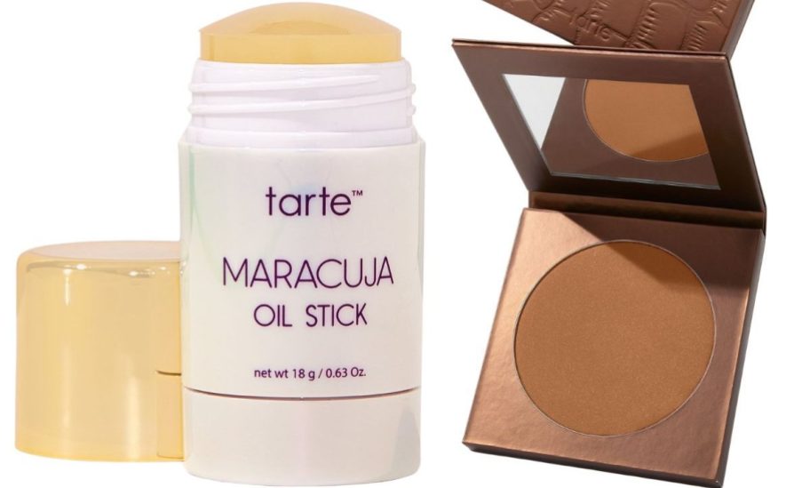 a maracuja oil stick shown with a bronzer pressed powder