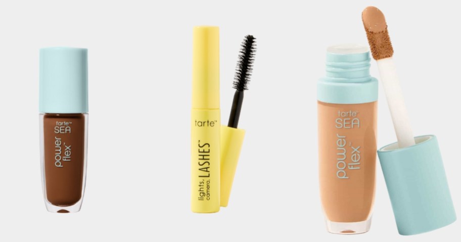 travel size Tarte concealer in a clear and green tube, travel size Tarte Mascara in a yellow tube, and a full size Tarte Concealer in a green and clear tube