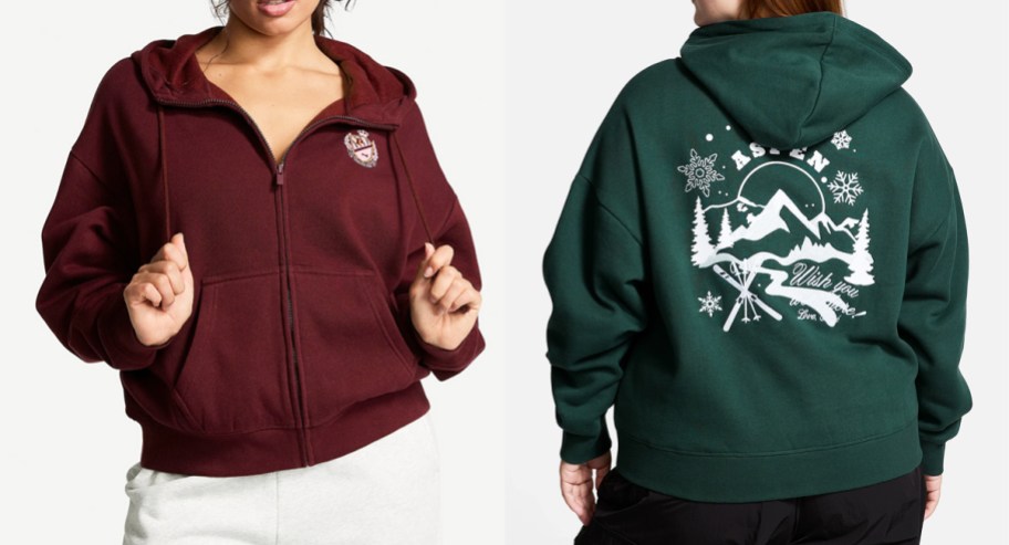 women in maroon and green sweatshirts