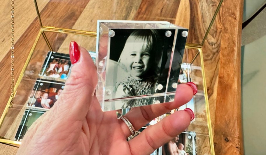 black and white photo of a toddler depicted on a walgreens photo block