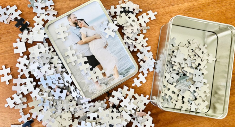 Pregnancy shoot in puzzle form displayed on top of a table