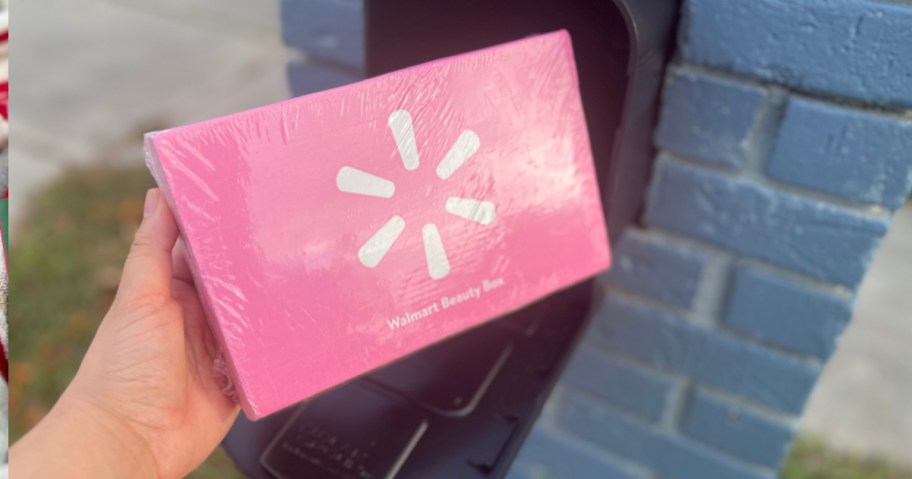 Person removing pink Walmart, beauty box from mailbox outside