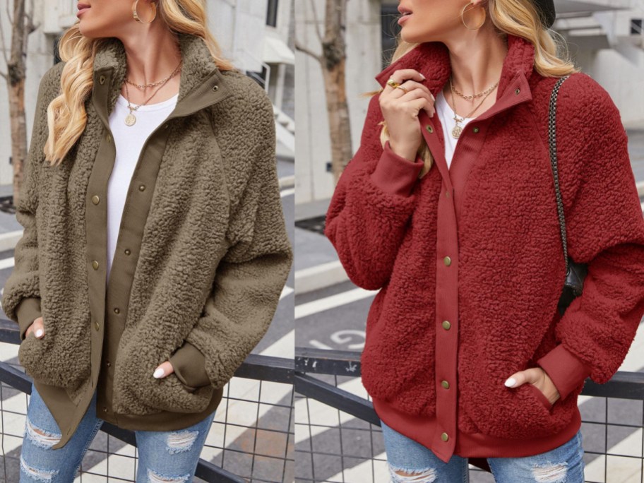 Cute sherpa jacket in olive and red