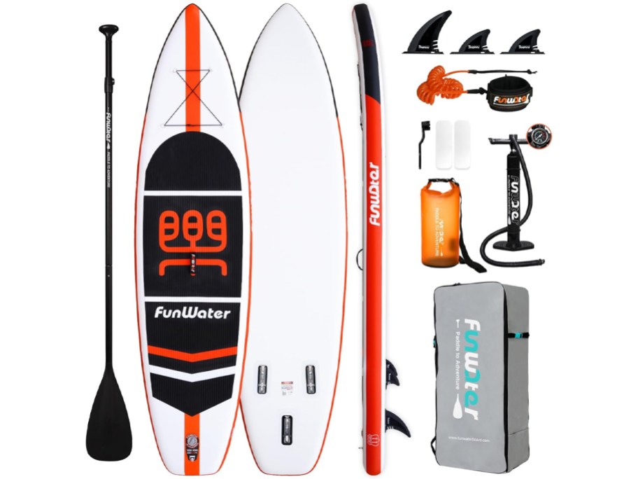 white, and orange paddle board with accessories 