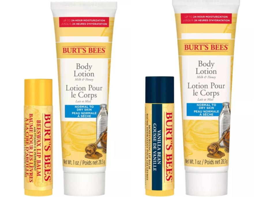 2 burt's bees lip balm and lotion gift sets