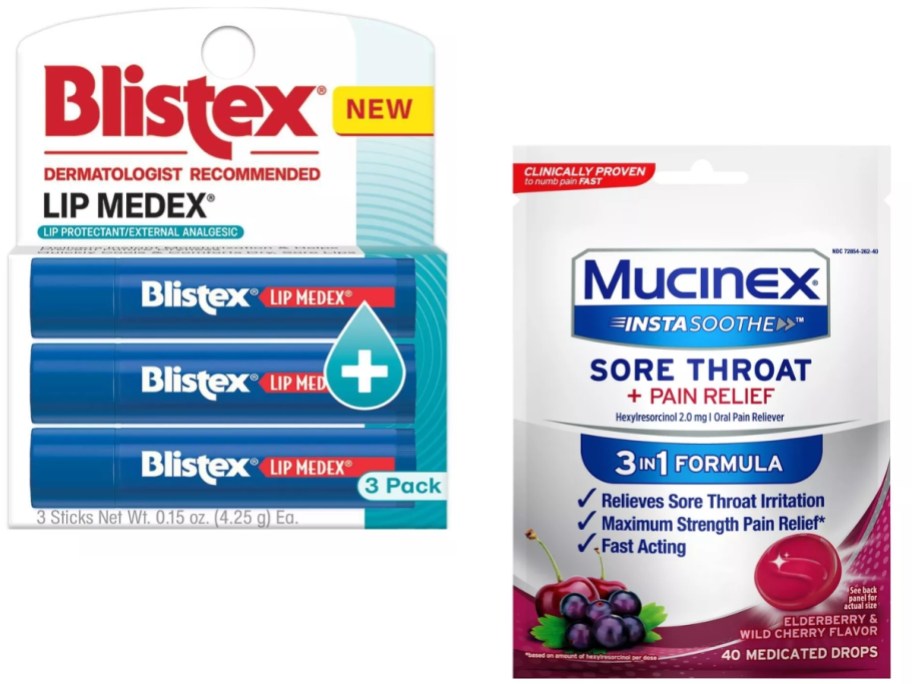 blistex medex lip balm and mucinex sore throat drops