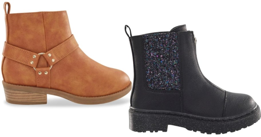 little girl's brown boot with strap on the ankle and a black Chelsea style boot with glitter detail